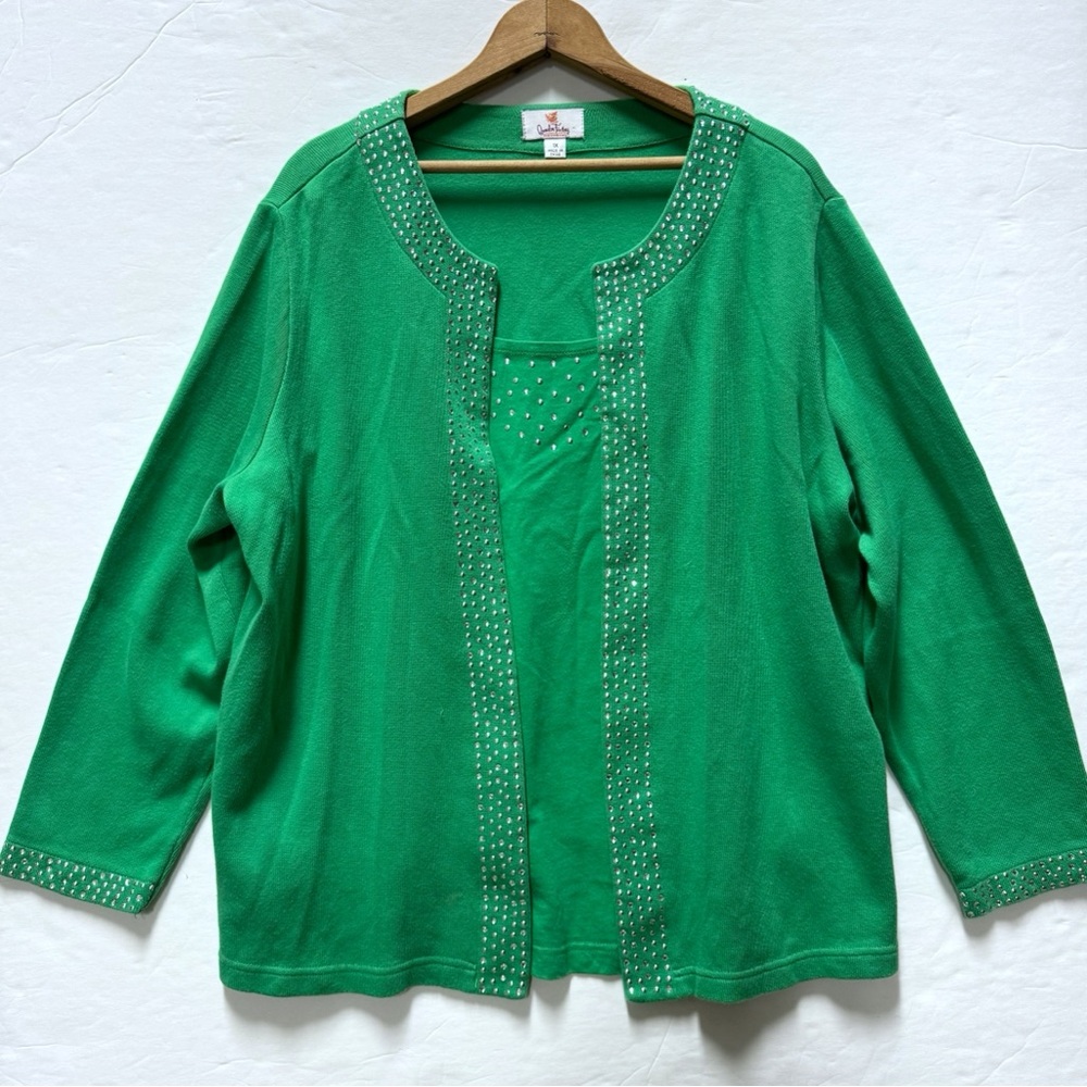 Quacker Factory Cardigan Sweater 1X Kelly Green Rhinestones Tank Top Knit Office